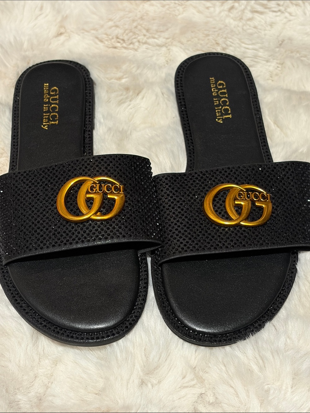 Black Crystal Slide Sandals